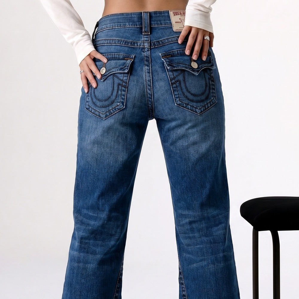 True Religion Y2K Womens 27 Low Rise Flare Jeans Blue Graphic Back‎ Flap Pockets